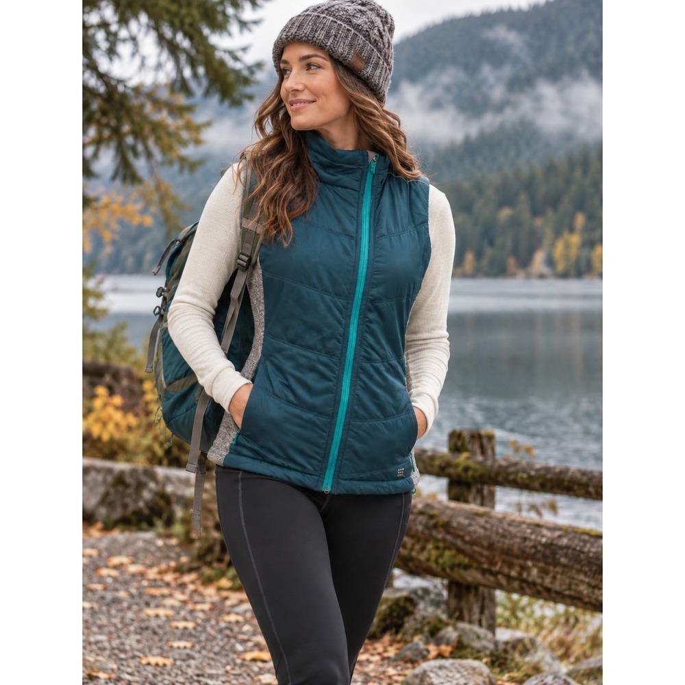 Title Nine Women's Willpower Insulated Puffer Vest Teal Gray Mixed Media XS